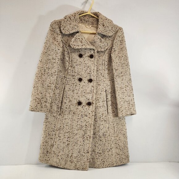 Vintage Handmade Double Breasted Speckled Herringbone Beige Peacoat Small - Picture 1 of 13